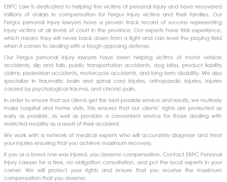 EBPC Personal Injury Lawyer
101-431 Saint Andrew Street West
Fergus, ON N1M 1P2
(800) 260-5914

https://ebpclaw.ca/fergus.html